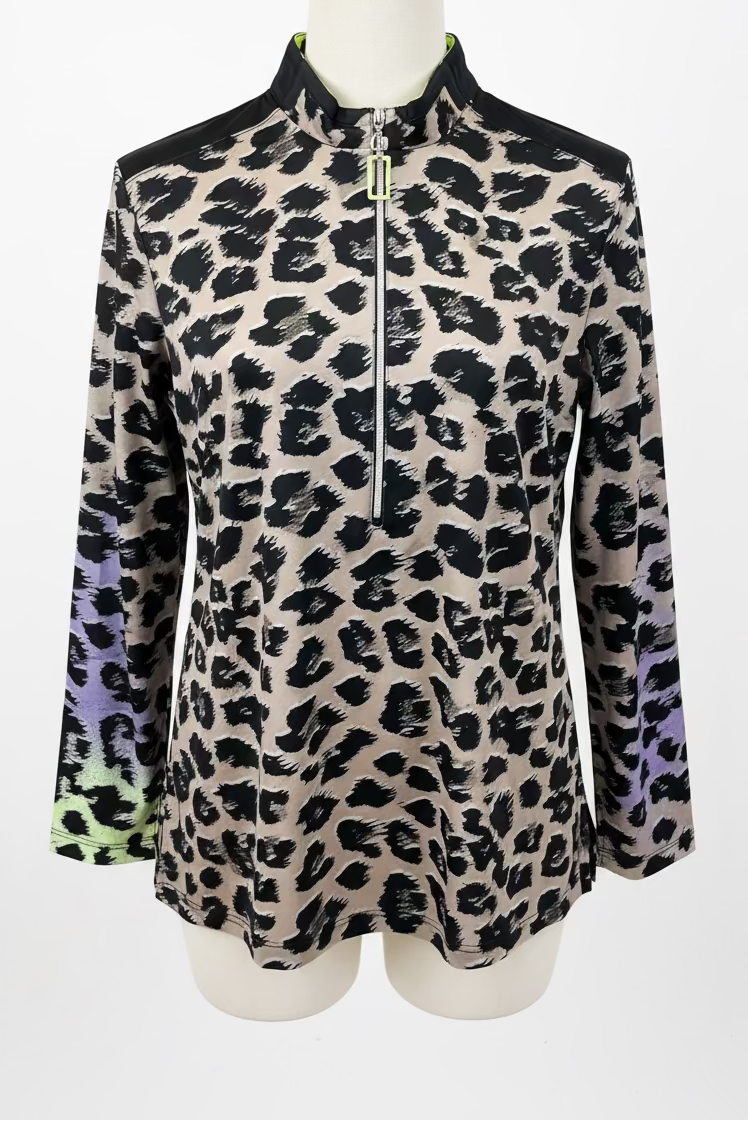 Jamie Sadock Womens Jungle Sunset 3/4 Sleeve Zip Mock - Jet Black/Purple Rain