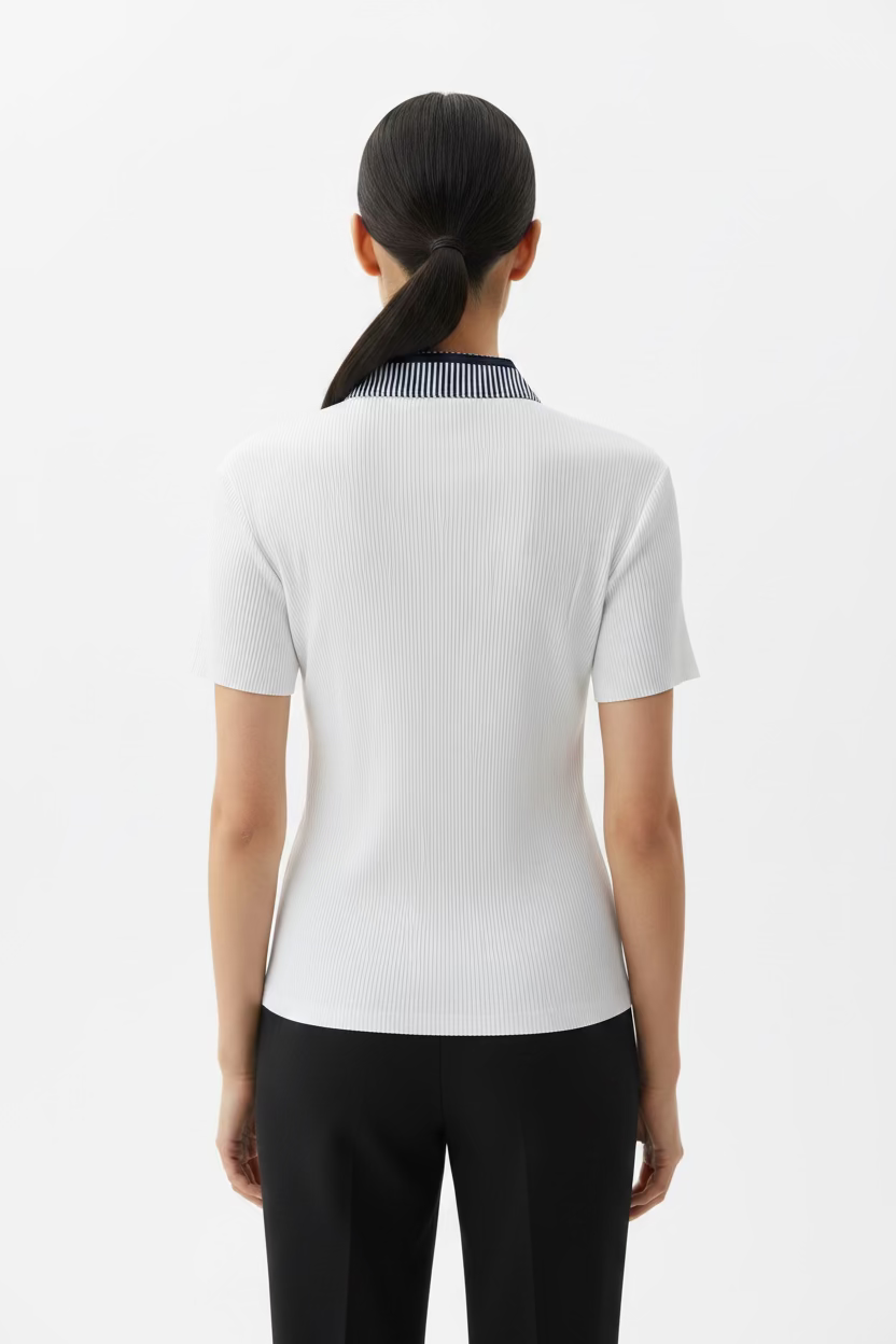 Jamie Sadock Womens Stacy Stripe Short Sleeve Zip Mock - White/Moonlight