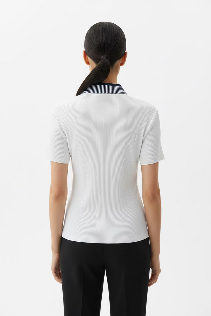 Jamie Sadock Womens Stacy Stripe Short Sleeve Zip Mock - White/Moonlight