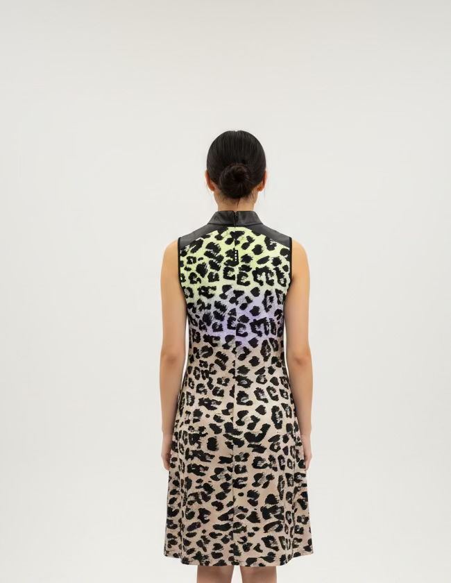 Jamie Sadock Womens Jungle Leopard Sleeveless Zip Dress - Jet Black/Purple Rain