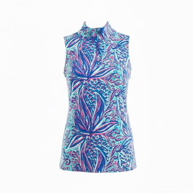 Lulu B Womens Sleeveless Pineapple Zip Mock - Pink/Blue
