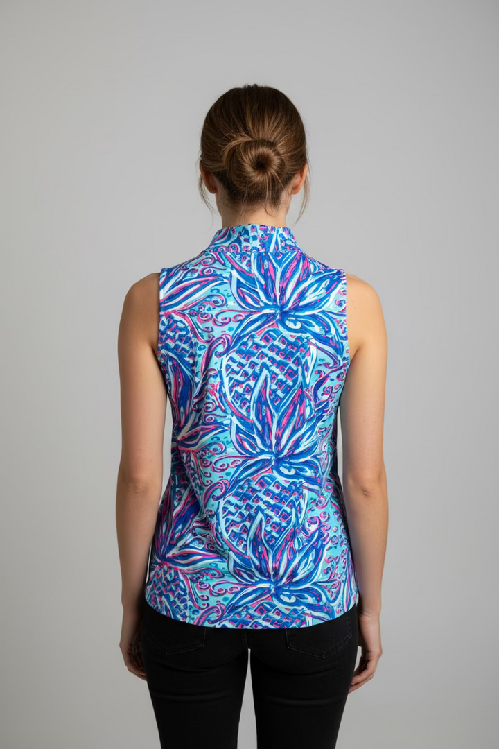 Lulu B Womens Sleeveless Pineapple Zip Mock - Pink/Blue
