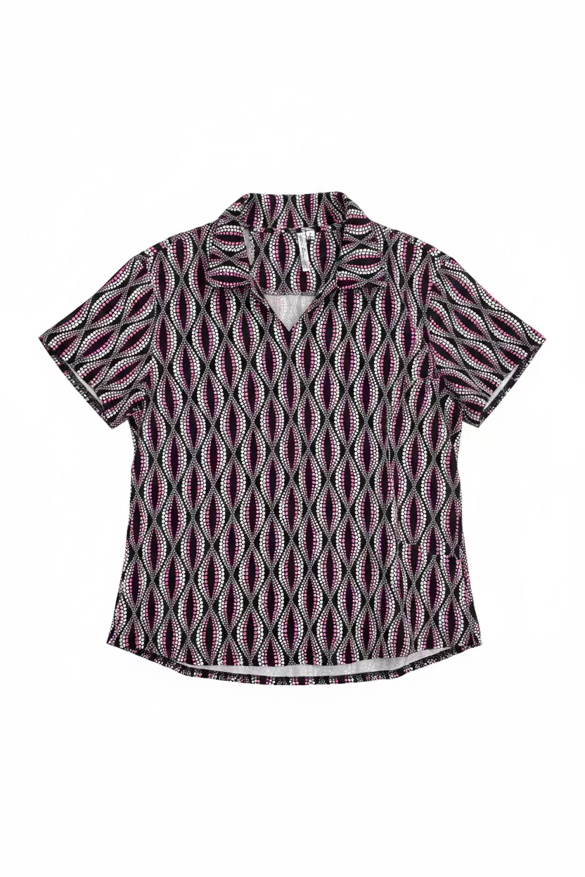 Lulu B Womens Pattern Short Sleeve Collar Top - Black/Multi