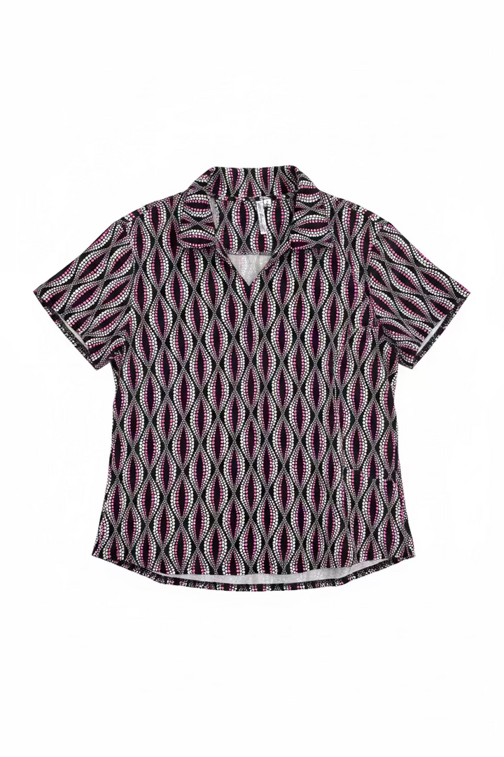Lulu B Womens Pattern Short Sleeve Collar Top - Black/Multi