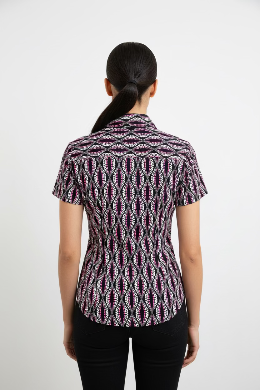 Lulu B Womens Pattern Short Sleeve Collar Top - Black/Multi