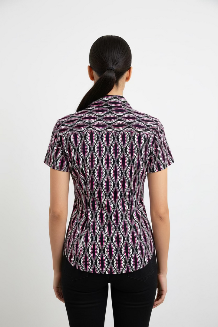 Lulu B Womens Pattern Short Sleeve Collar Top - Black/Multi