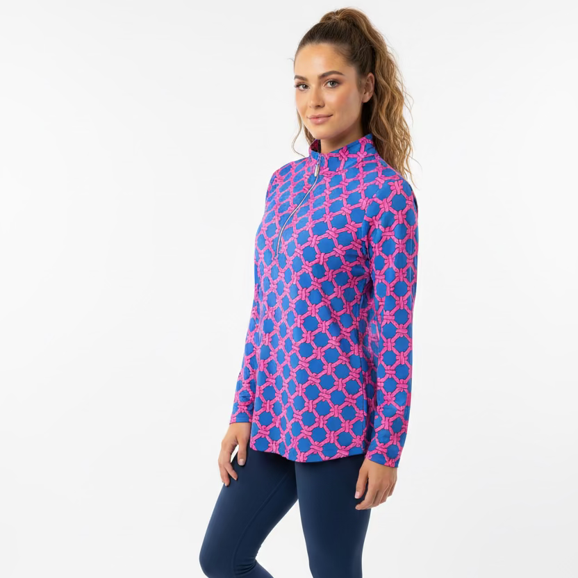 Lulu B Womens Rope Long Sleeve Zip Mock - Pink/Blue
