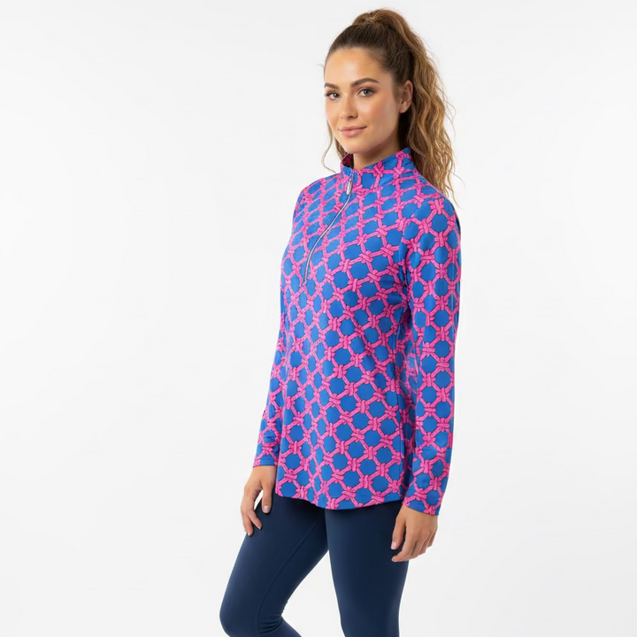 Lulu B Womens Rope Long Sleeve Zip Mock - Pink/Blue
