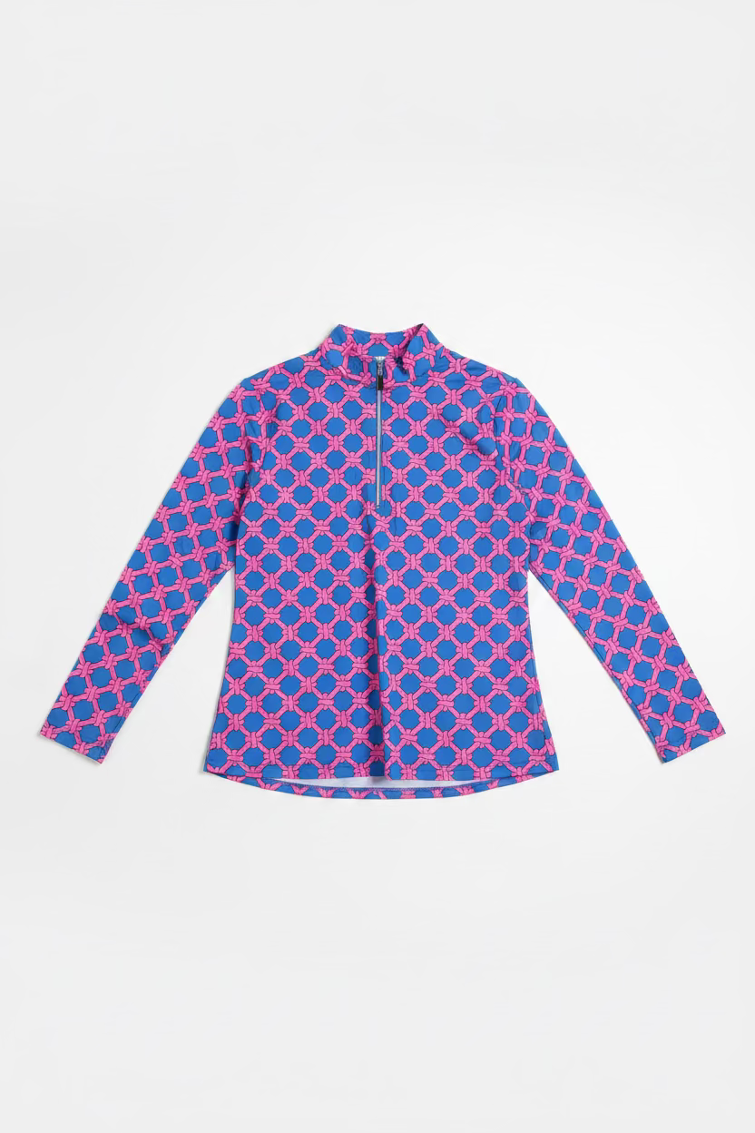 Lulu B Womens Rope Long Sleeve Zip Mock - Pink/Blue