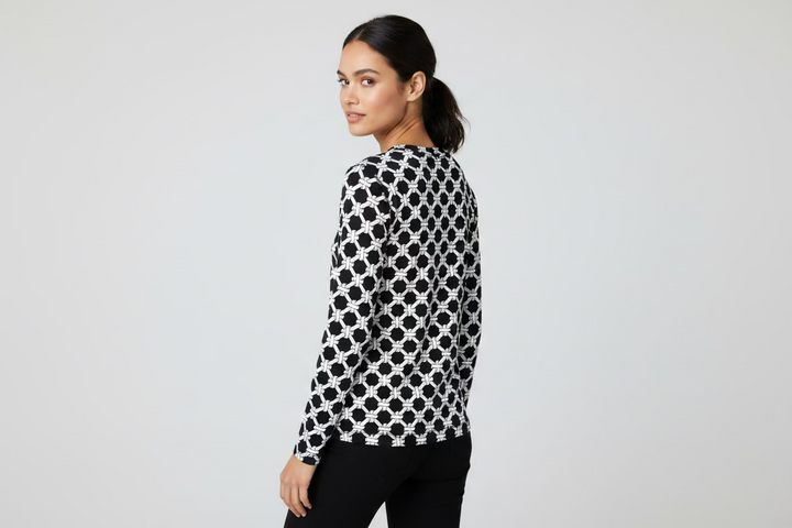 Lulu B Womens Rope Long Sleeve Crewneck Mock - Black/White