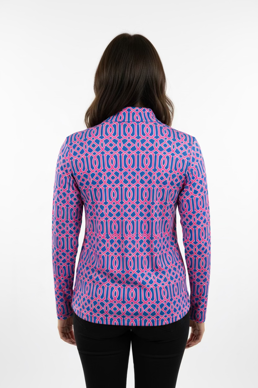 Lulu B Womens Pattern Print Long Sleeve Zip Mock - Pink/Peri
