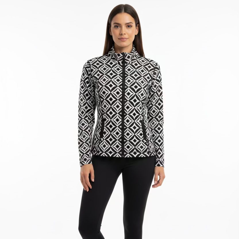 Lulu B Womens Diamond Pattern Long Sleeve Zip Jacket - Black/Multi