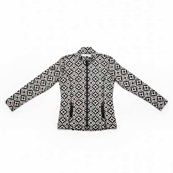 Lulu B Womens Diamond Pattern Long Sleeve Zip Jacket - Black/Multi