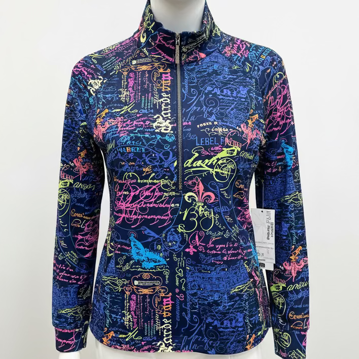 Lulu B Womens Letter Long Sleeve Zip Mock - Navy/Multicolored