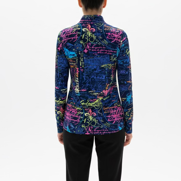 Lulu B Womens Letter Long Sleeve Zip Mock - Navy/Multicolored