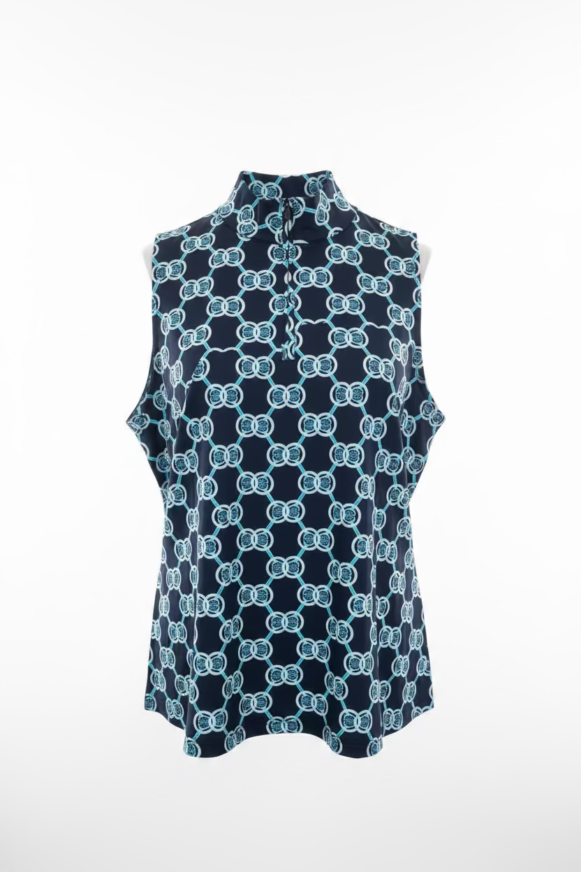 Lulu B Womens Pattern Print Sleeveless Zip Mock - Navy/Multi