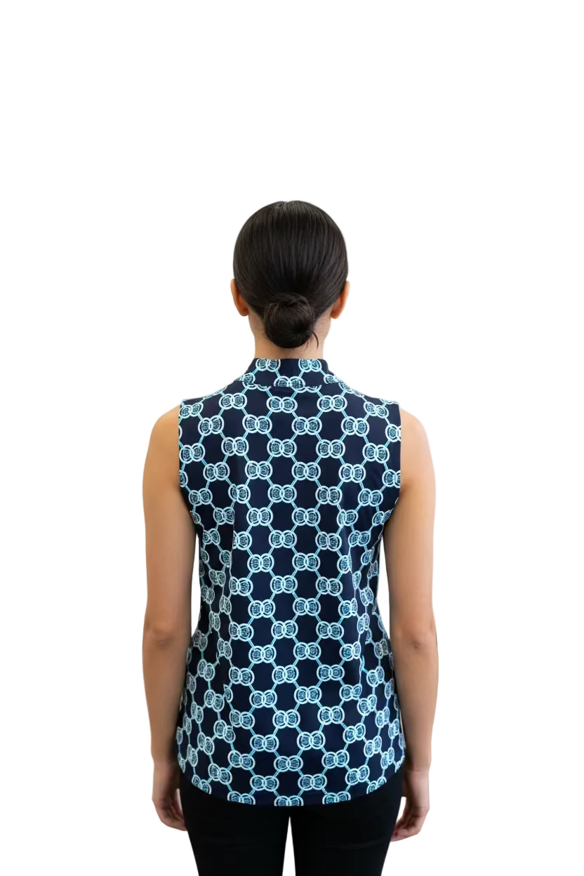 Lulu B Womens Pattern Print Sleeveless Zip Mock - Navy/Multi