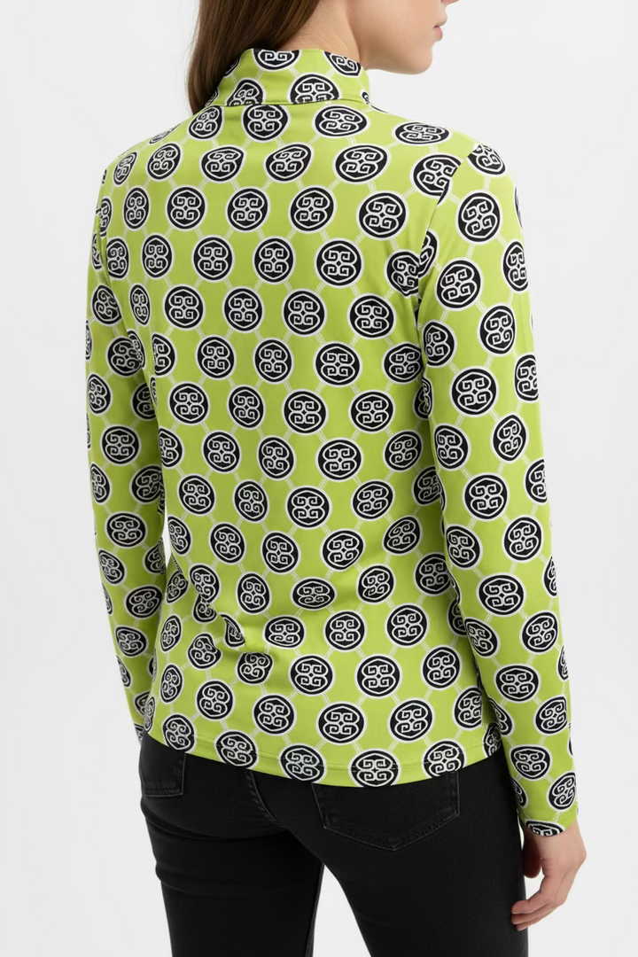 Lulu B Womens Pattern Print Long Sleeve Zip Mock - Lime Green/Multi