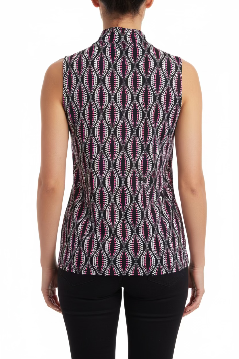 Lulu B Womens Sleeveless Zip Pattern Print Mock - Black/Multi