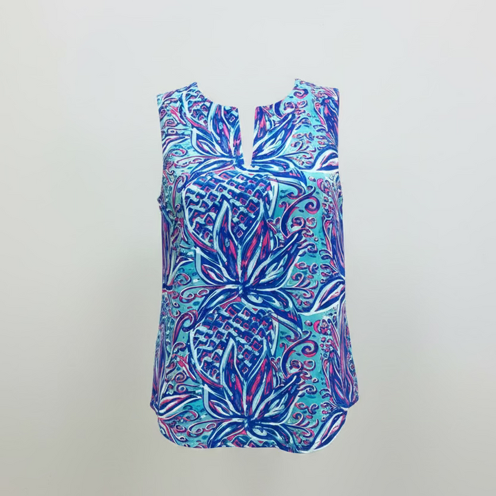 Lulu B Womens Lifestyle Pineapple Sleeveless Top - Blue/Multi