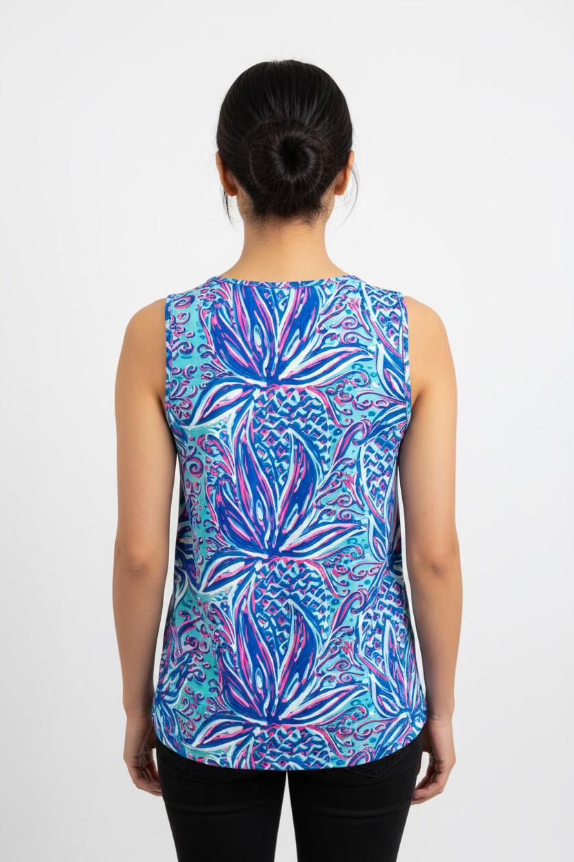 Lulu B Womens Lifestyle Pineapple Sleeveless Top - Blue/Multi