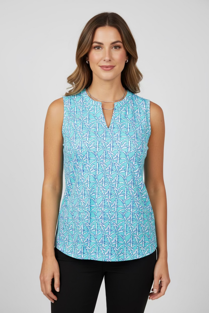 Lulu B Womens Lifestyle Palm Tree Sleeveless Top - Blue/Multi