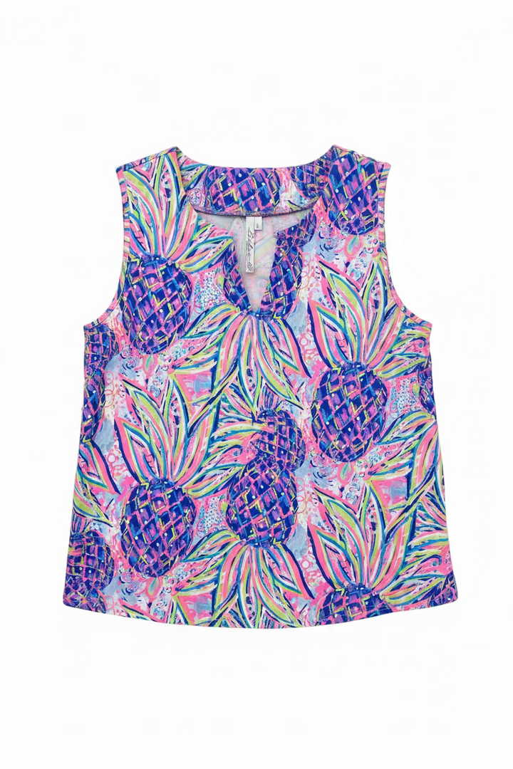 Lulu B Womens Sleeveless Lifestyle Pinapple Sleeveless Top - Pink/Multi