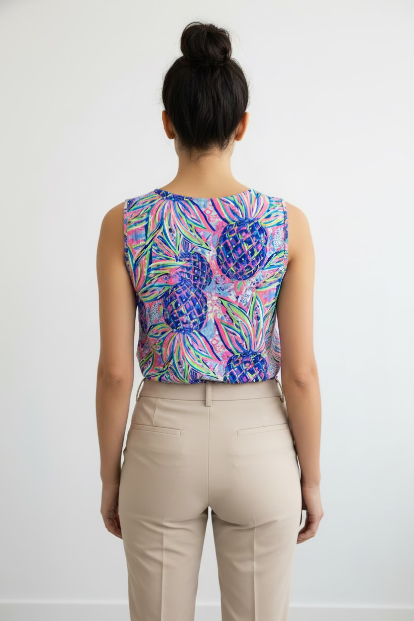 Lulu B Womens Sleeveless Lifestyle Pinapple Sleeveless Top - Pink/Multi