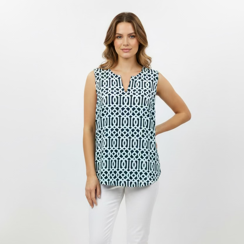 Lulu B Womens Lifestyle Pattern Print Sleeveless Top - Navy/Blue