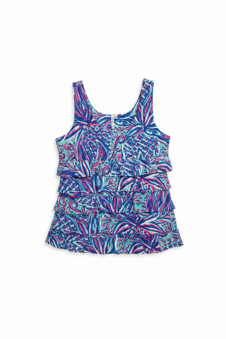 Lulu B Womens Cha Cha Lifestyle Ruffle Pineapple Sleeveless Top - Blue/Multi