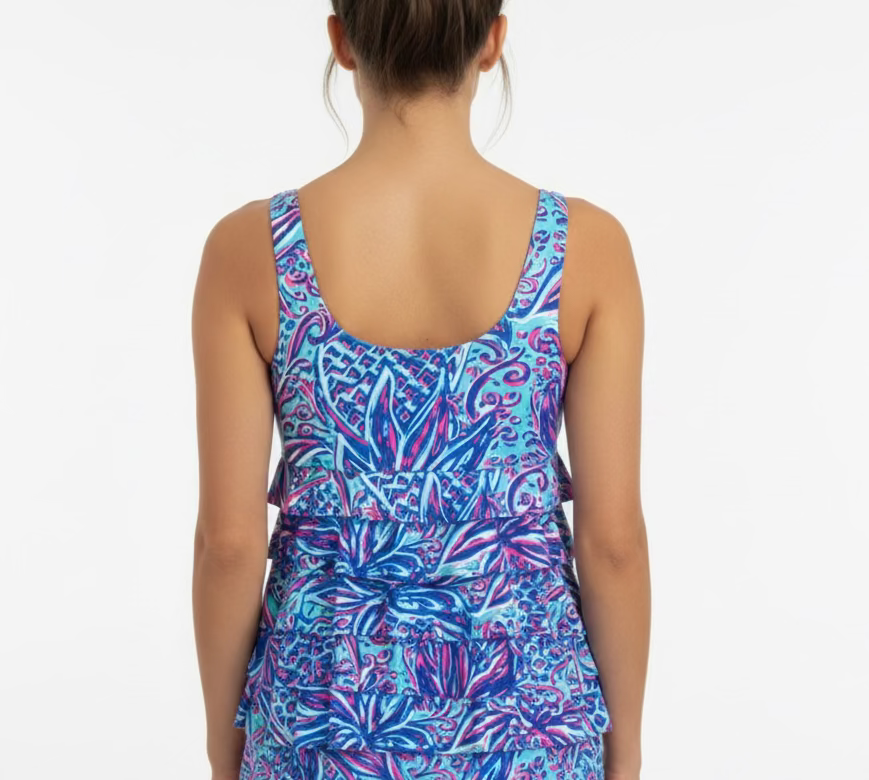 Lulu B Womens Cha Cha Lifestyle Ruffle Pineapple Sleeveless Top - Blue/Multi