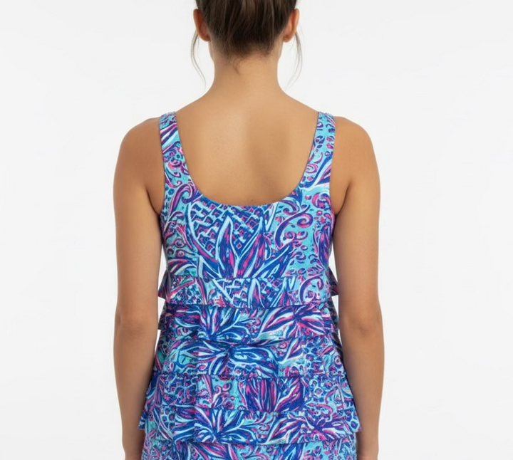 Lulu B Womens Cha Cha Lifestyle Ruffle Pineapple Sleeveless Top - Blue/Multi