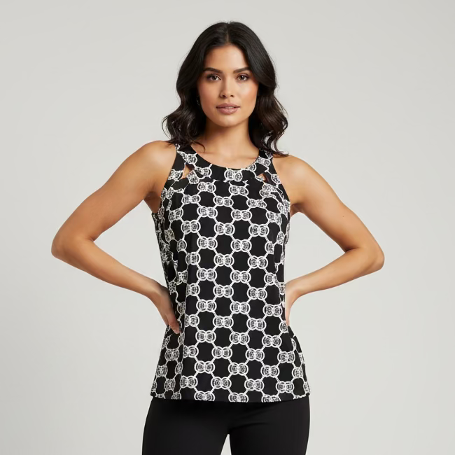 Lulu B Womens Lifestyle Cut Out Pattern Print Sleeveless Top - Black/Multi