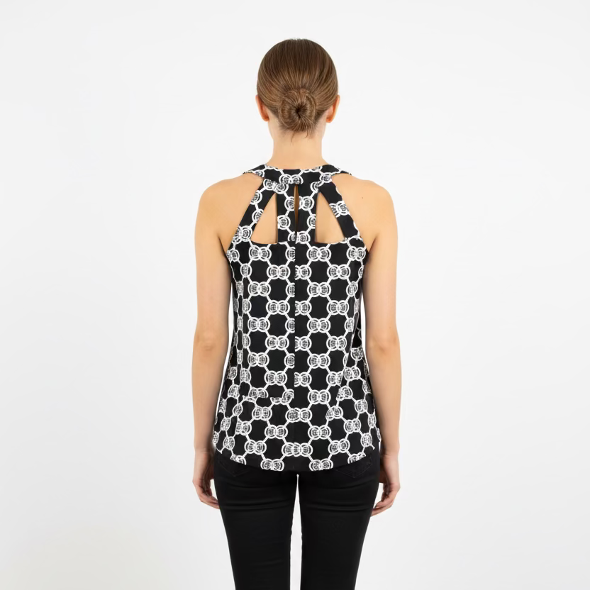 Lulu B Womens Lifestyle Cut Out Pattern Print Sleeveless Top - Black/Multi