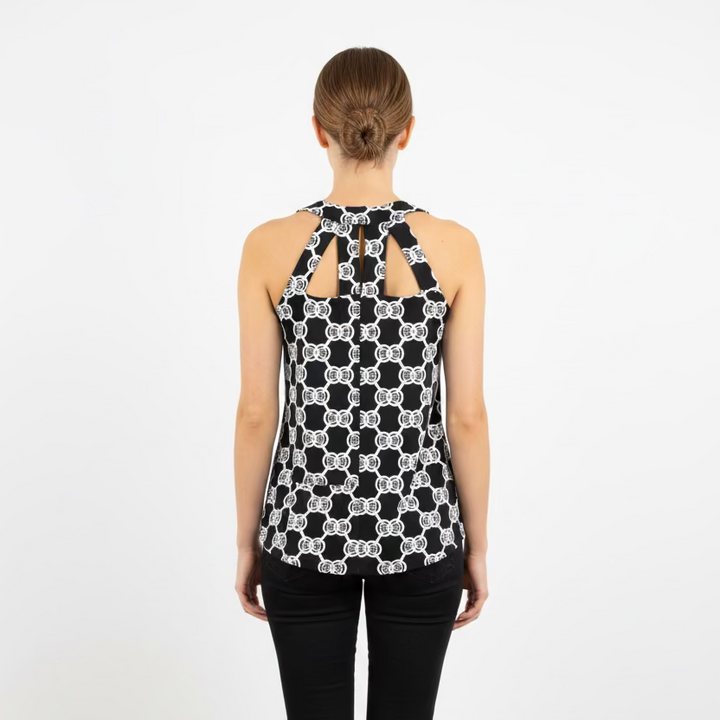 Lulu B Womens Lifestyle Cut Out Pattern Print Sleeveless Top - Black/Multi