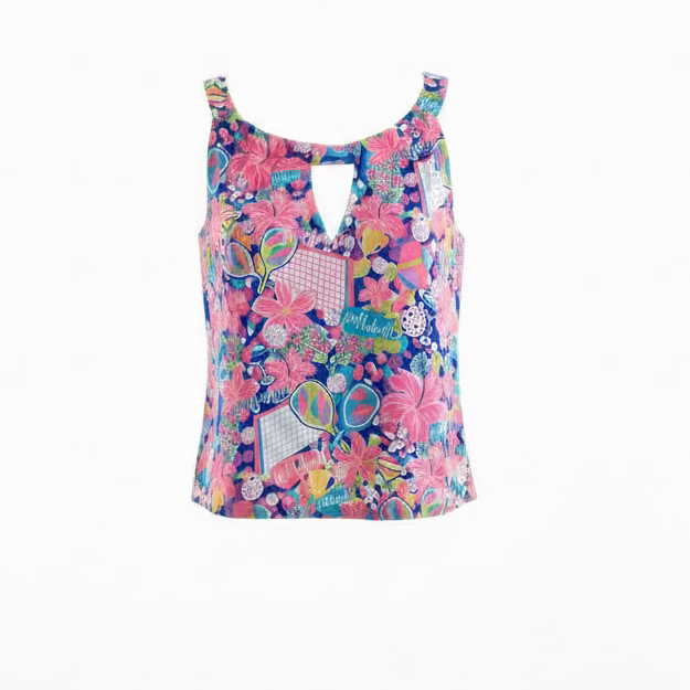 Lulu B Womens Lifestyle Keyhole Pickleball Fun Halter Sleeveless Top - Pink/Multi