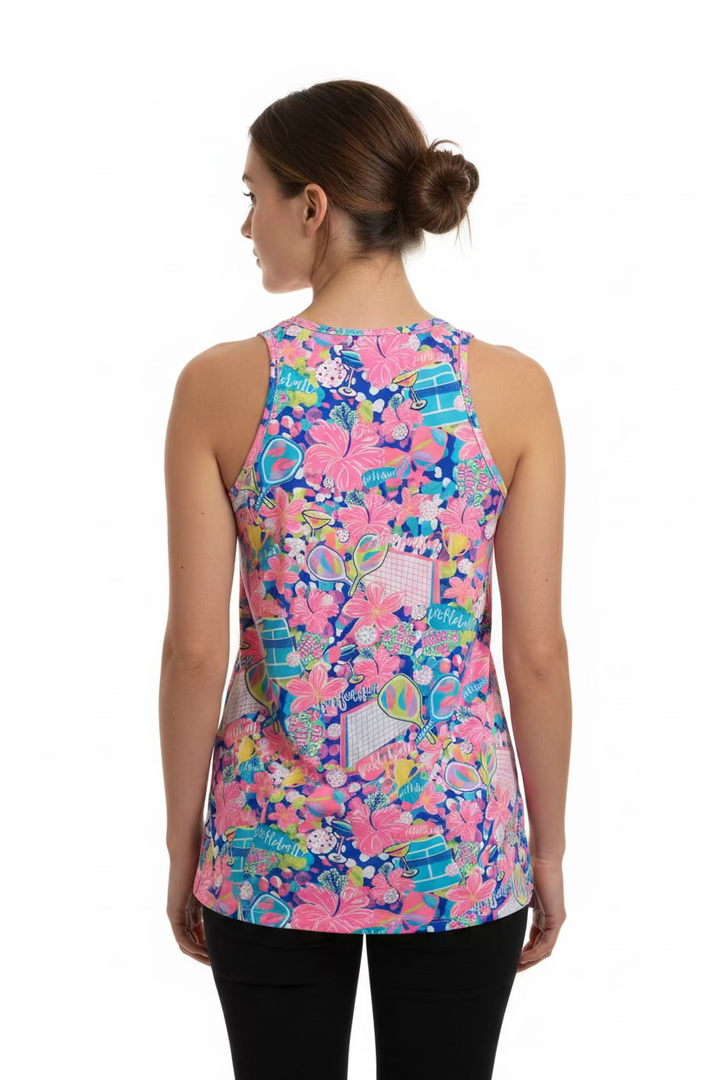 Lulu B Womens Lifestyle Keyhole Pickleball Fun Halter Sleeveless Top - Pink/Multi