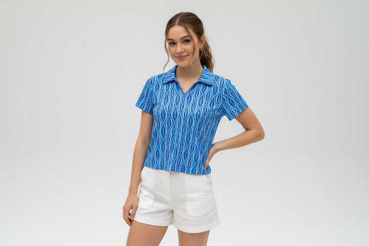Lulu B Womens Pattern Short Sleeve Collar Top - Peri/Multi