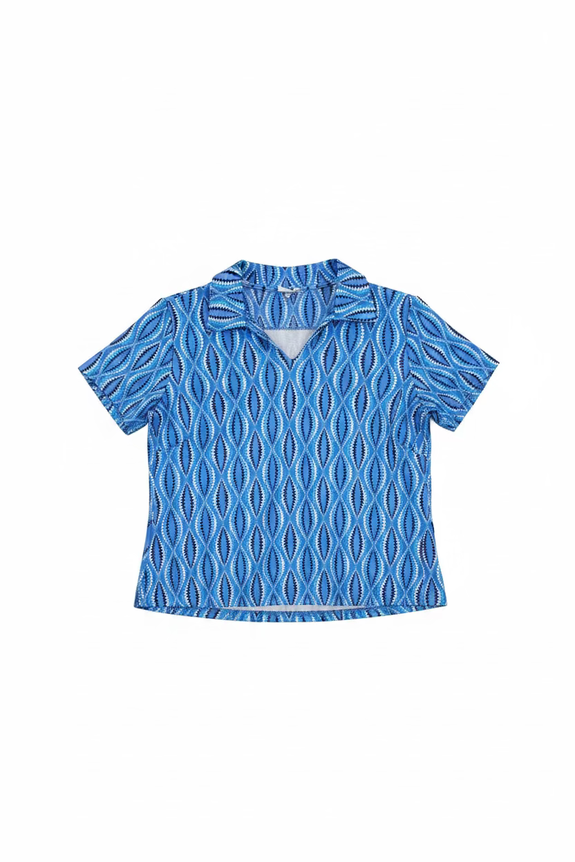 Lulu B Womens Pattern Short Sleeve Collar Top - Peri/Multi
