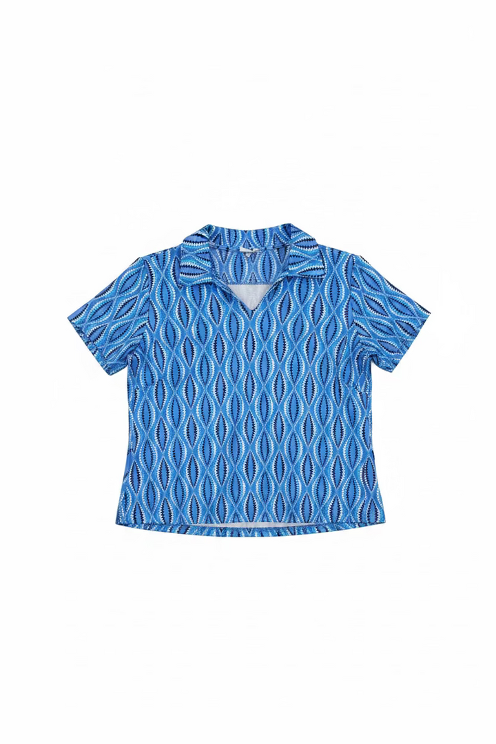 Lulu B Womens Pattern Short Sleeve Collar Top - Peri/Multi