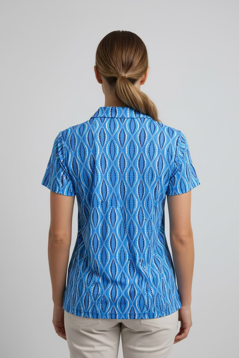 Lulu B Womens Pattern Short Sleeve Collar Top - Peri/Multi