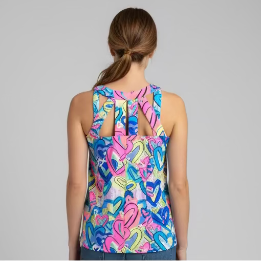 Lulu B Womens Lifestyle Cut Out Heart Sleeveless Top - Pink/Multi