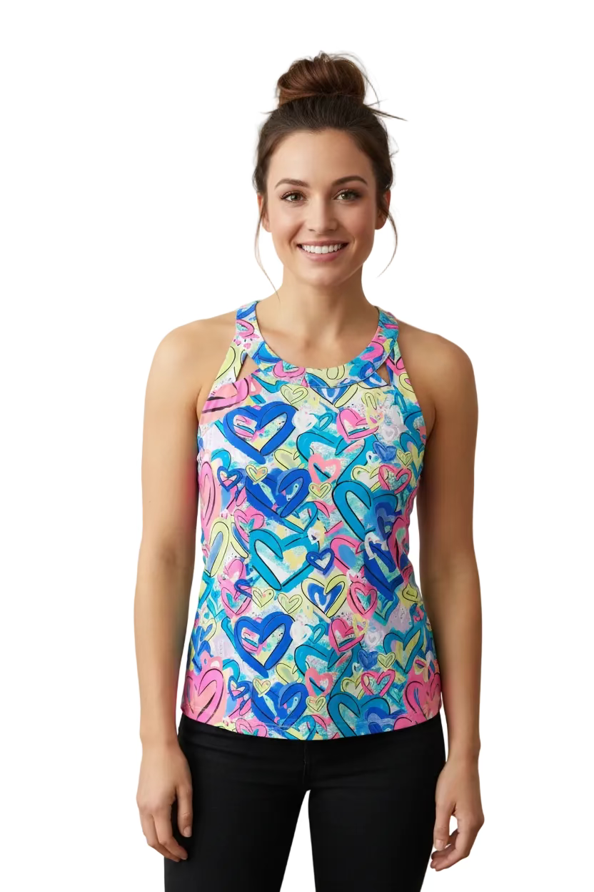 Lulu B Womens Lifestyle Cut Out Heart Sleeveless Top - Pink/Multi