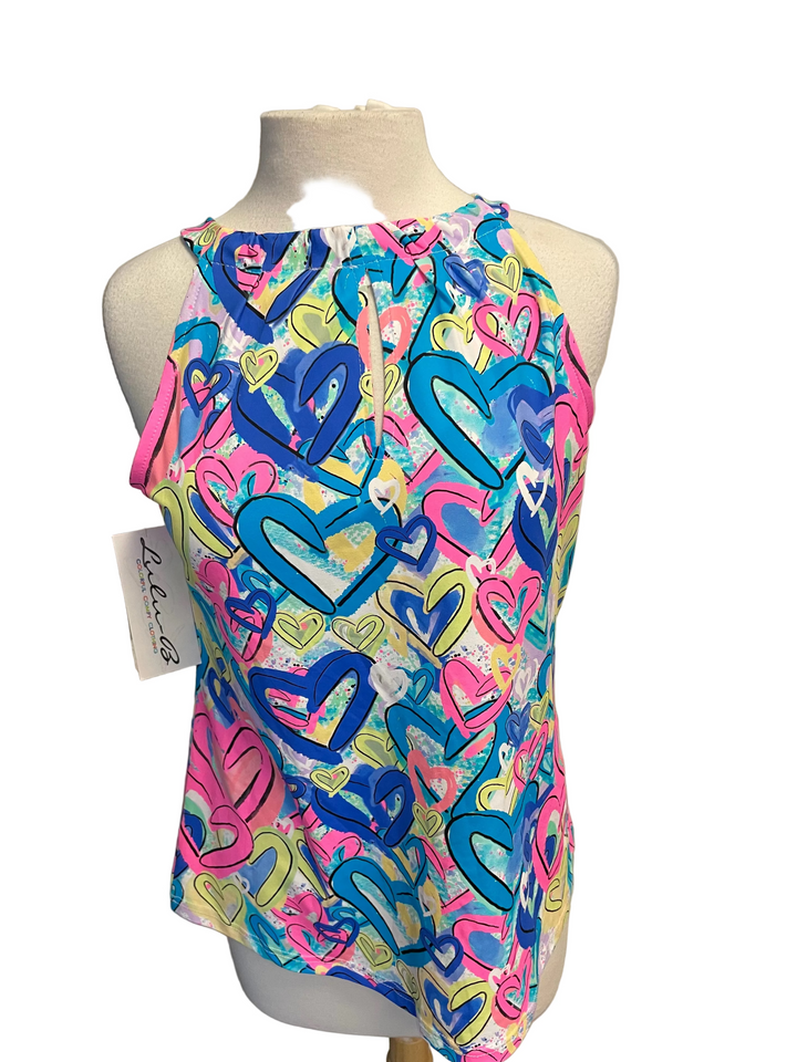 Lulu B Womens Lifestyle Keyhole Heart Halter Sleeveless Top - Pink/Multi