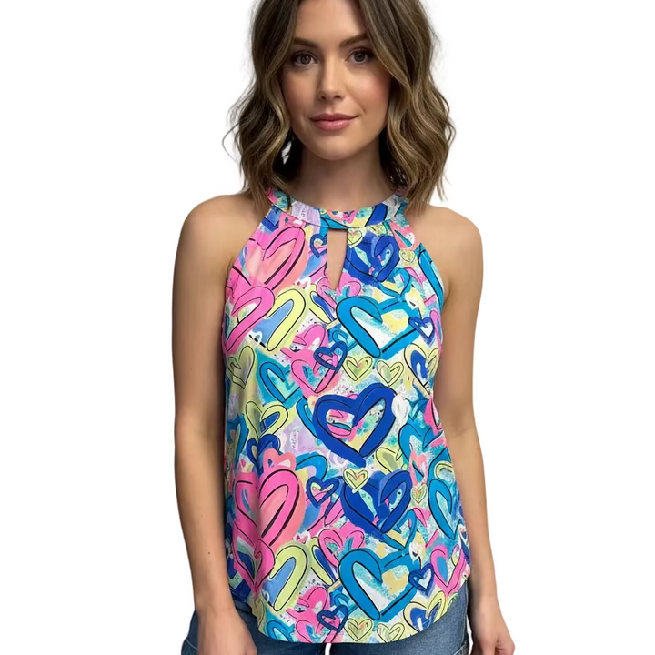 Lulu B Womens Lifestyle Keyhole Heart Halter Sleeveless Top - Pink/Multi