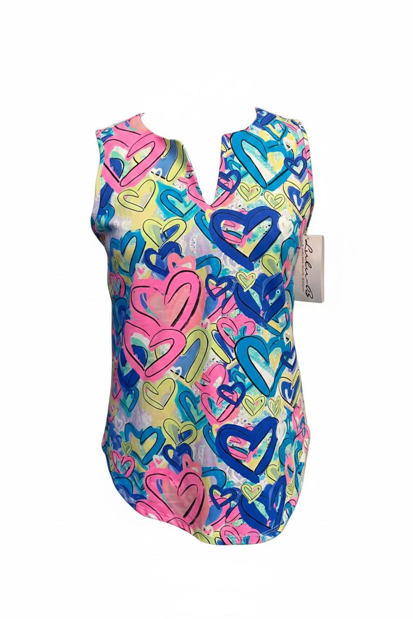 Lulu B Womens Lifestyle Heart Sleeveless Top - Pink/Multi