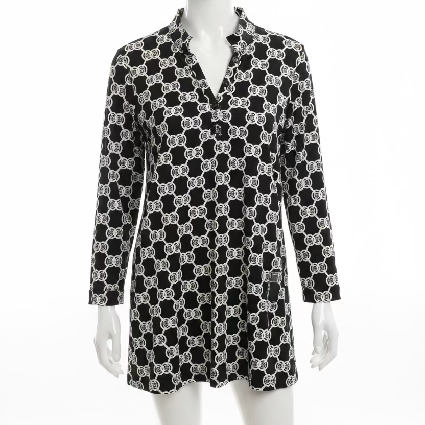 Lulu B Womens Pattern Print 3/4 Sleeve Button Tunic - Black/Multi