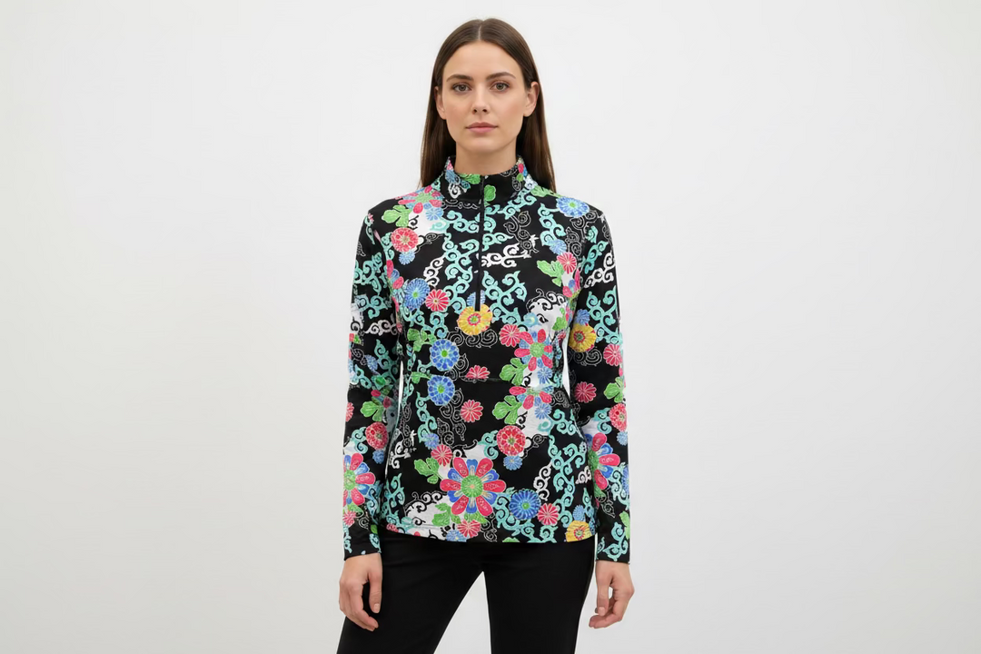 Ibkul Womens Long Sleeve Gia Floral Zip Mock - Black/Multicolored