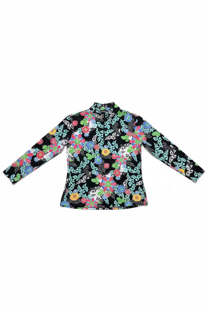 Ibkul Womens Long Sleeve Gia Floral Zip Mock - Black/Multicolored