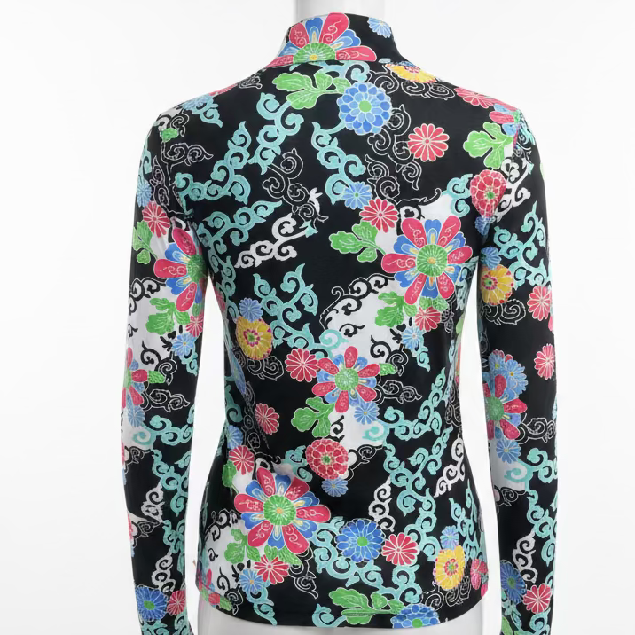 Ibkul Womens Long Sleeve Gia Floral Zip Mock - Black/Multicolored
